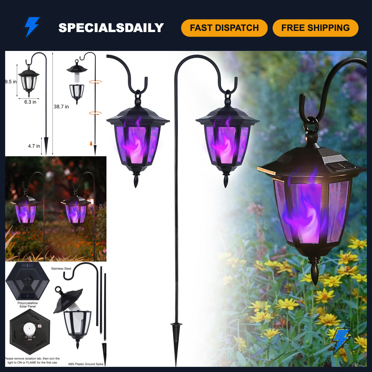 2 Pack Solar Flickering Flame Hanging Lights - Waterproof LED Lanterns for Garde