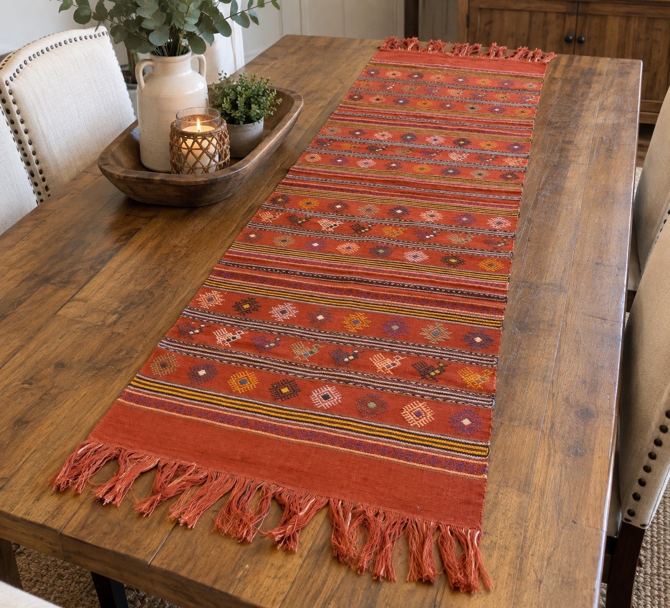 Vintage Guatemalan Maya Handwoven Textile Runner 17.5” x 63” Geometric Fringe Vintage Guatemalan Maya Handwoven Textile Runner 17.5” x 63” Geometric Fringe