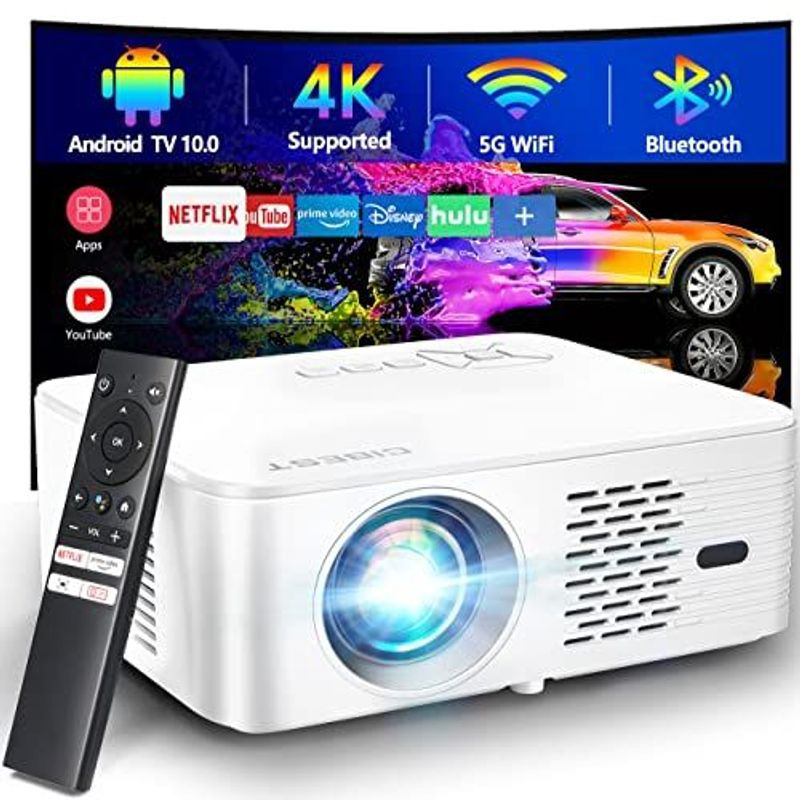 4K Support Android TV 10.0 Projector 5G WiFi Bluetooth Native 1080P, White 