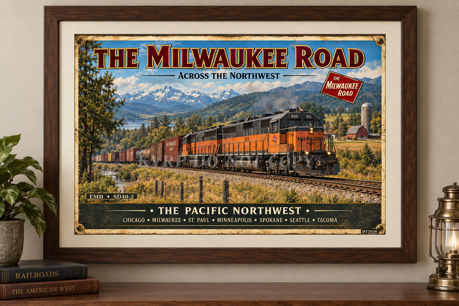 Milwaukee Road SD40-2 Diesel Freight Train Poster Vintage Railroad Art 19 x 13