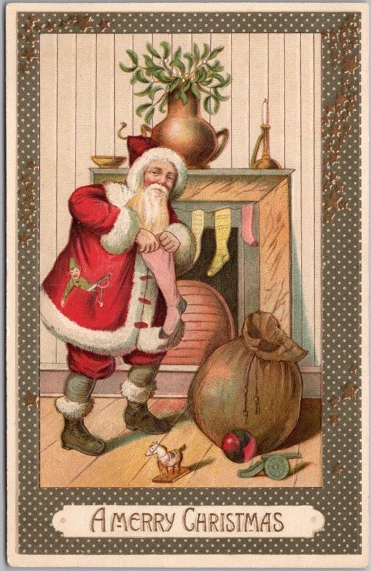c1910s MERRY CHRISTMAS Embossed Postcard SANTA CLAUS Filling Stockings / UNUSED