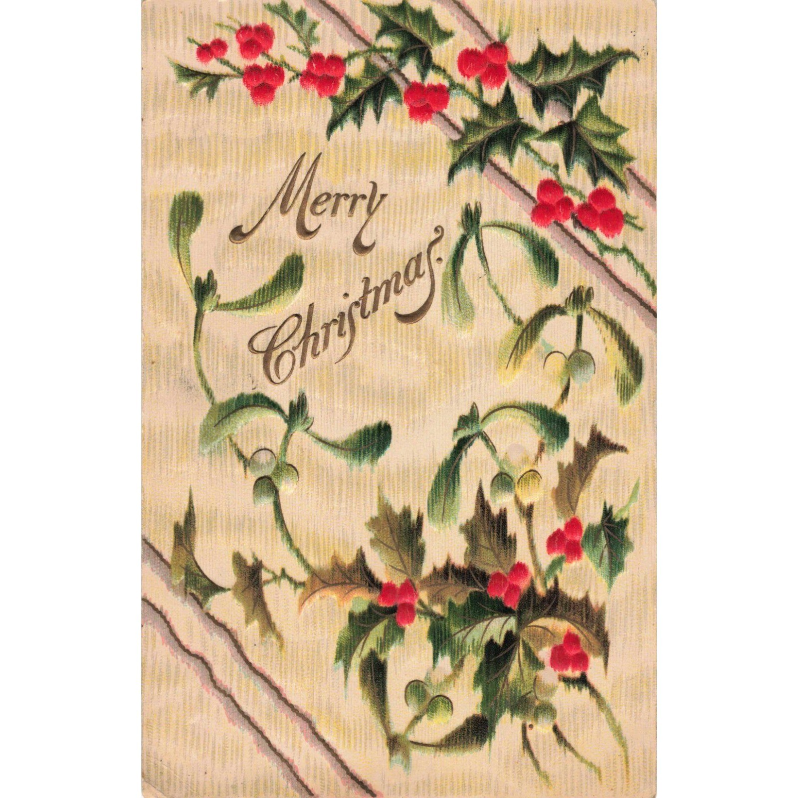 Vtg 1910 Merry Christmas Postcard RPPC Embossed Holly Mistletoe Germany