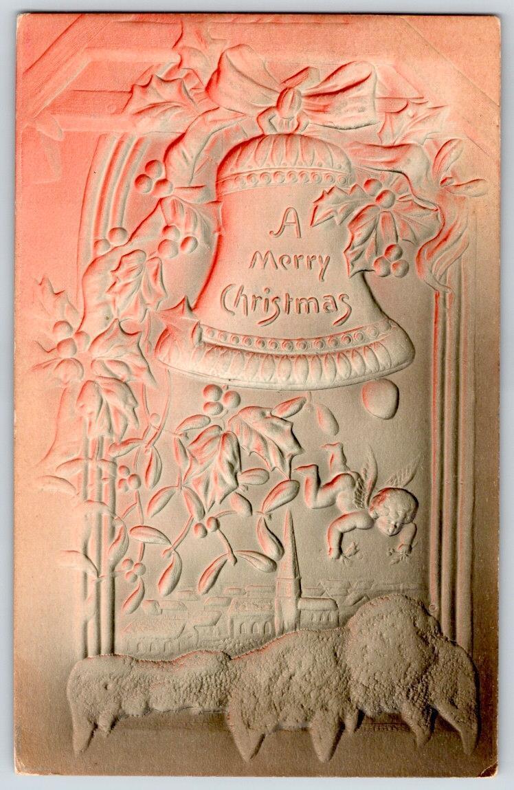 1909 A MERRY CHRISTMAS BELL IN WINDOW AIRBRUSHED THICK EMBOSSED ANTIQUE POSTCARD