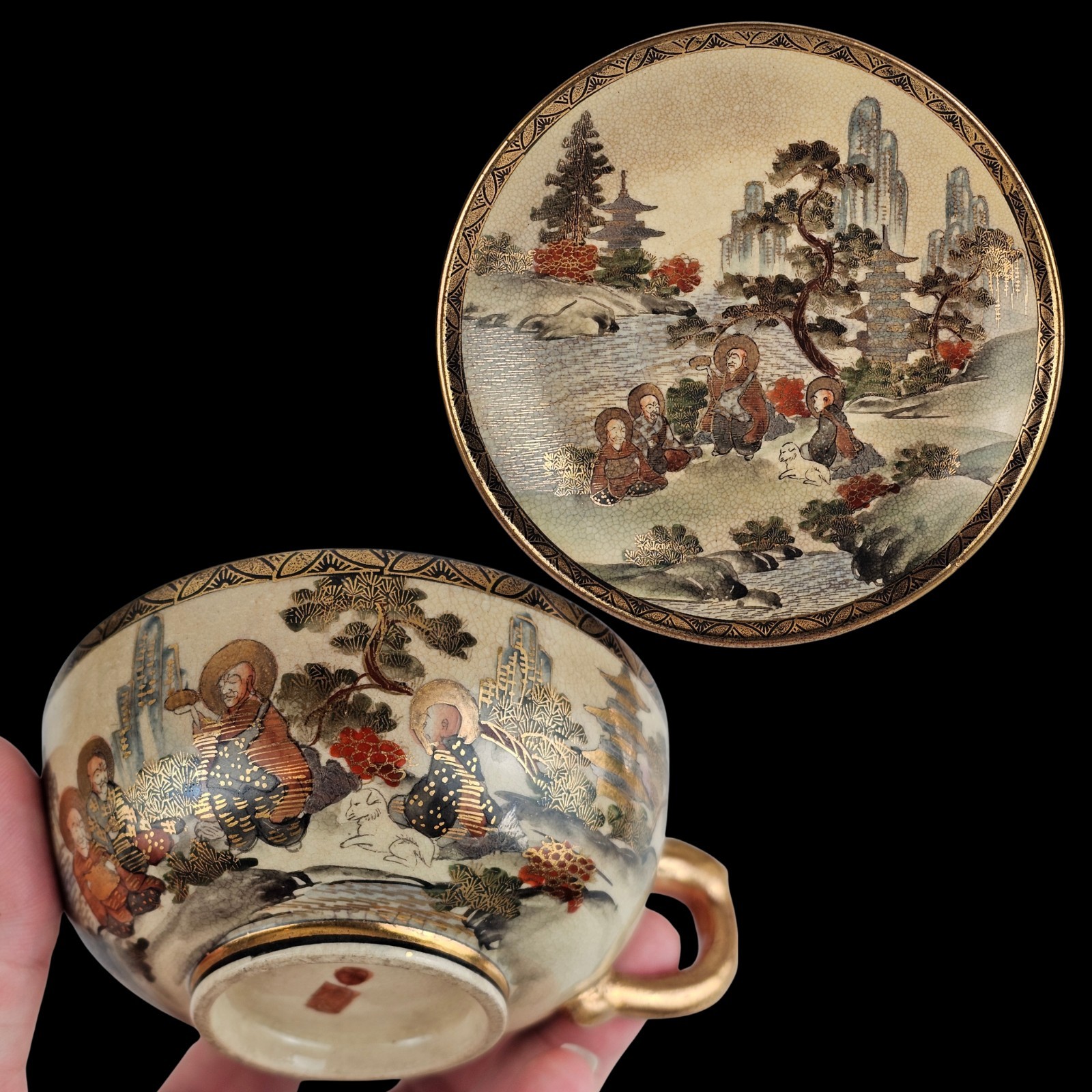Rare Antique Japanese Satsuma Tea Hand-Painted Rakan Arhat Gold Gilding 9 Pieces Rare Antique Japanese Satsuma Tea Hand-Painted Rakan Arhat Gold Gilding 9 Pieces