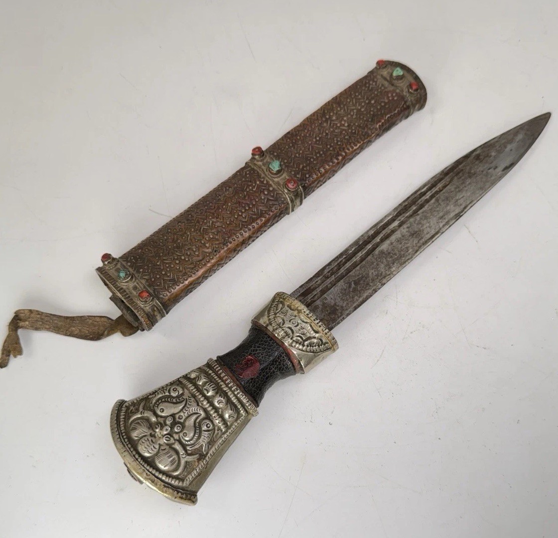 Antique Tibetan Bhutanese Dagger Knife Chisel Silver Mounts Red Corral Turquoise Antique Tibetan Bhutanese Dagger Knife Chisel Silver Mounts Red Corral Turquoise