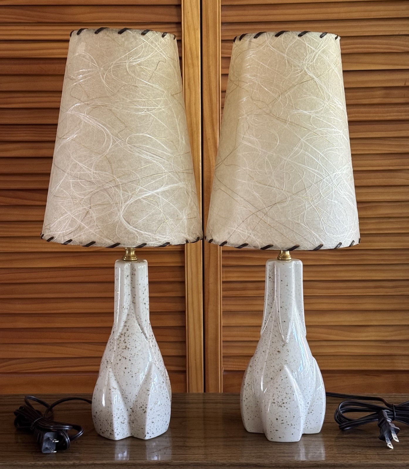 PAIR Vintage 50s 60s MCM Atomic Rocket Ship Sputnik Lamps and Fiberglass Shades