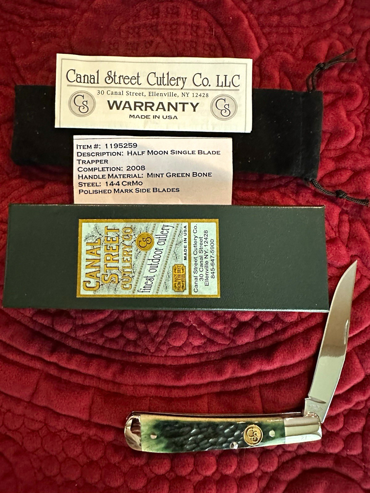Canal Street Half Moon Single Blade Trapper Jigged Mint Green Bone 14-4 CrMo #21 Canal Street Half Moon Single Blade Trapper Jigged Mint Green Bone 14-4 CrMo #21