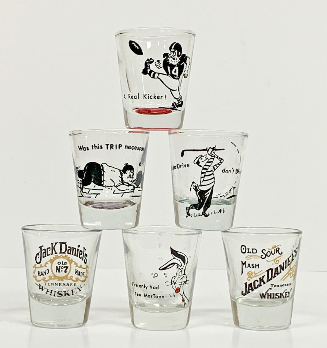 Vintage 1960's Shot Glass Lot MCM Sports Golf Bowling Football Toon Jack Daniels