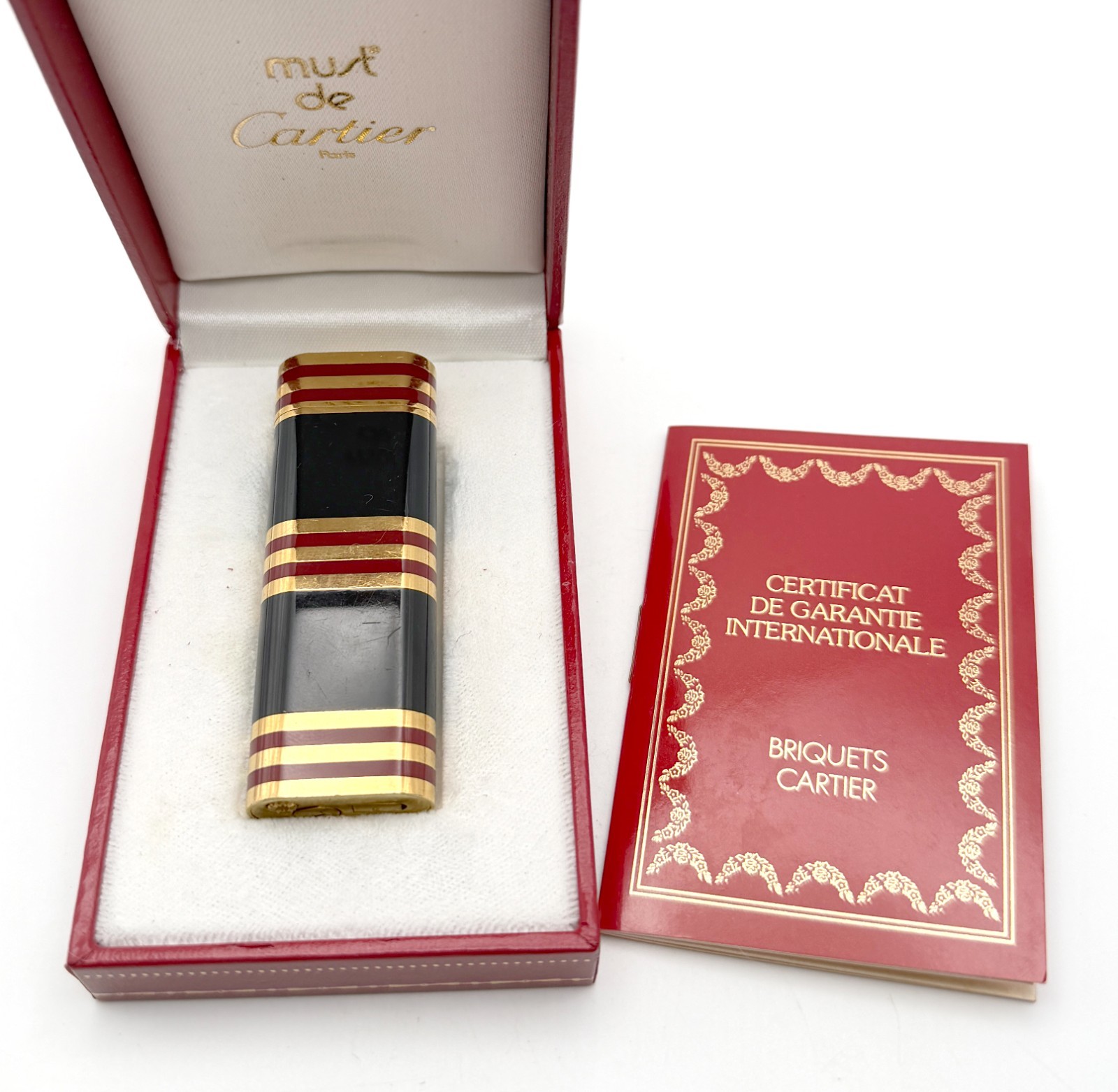 Vintage Gold Plated Red Blue Lacquer Must de Cartier Lighter in Box **Working** Vintage Gold Plated Red Blue Lacquer Must de Cartier Lighter in Box **Working**