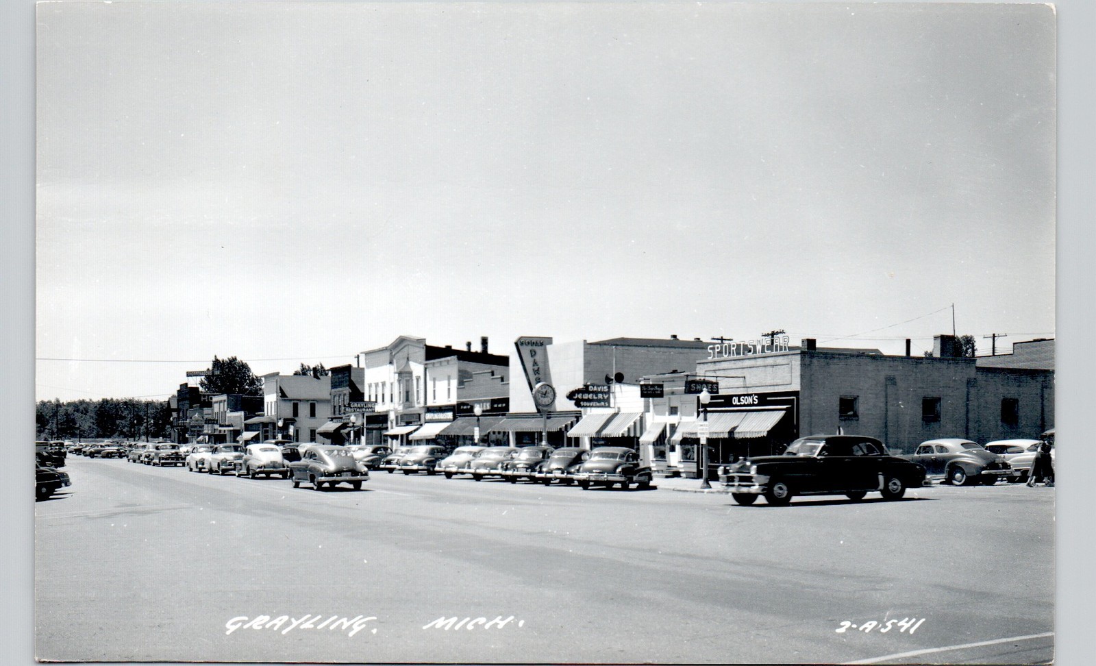 DOWNTOWN STREET grayling mi c1950 postcard michigan real photo rppc
