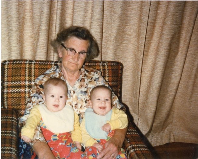 Vtg 1970s Found Photo Grandma Holding Happy Twin Babies Snapshot Vtg 1970s Found Photo Grandma Holding Happy Twin Babies Snapshot