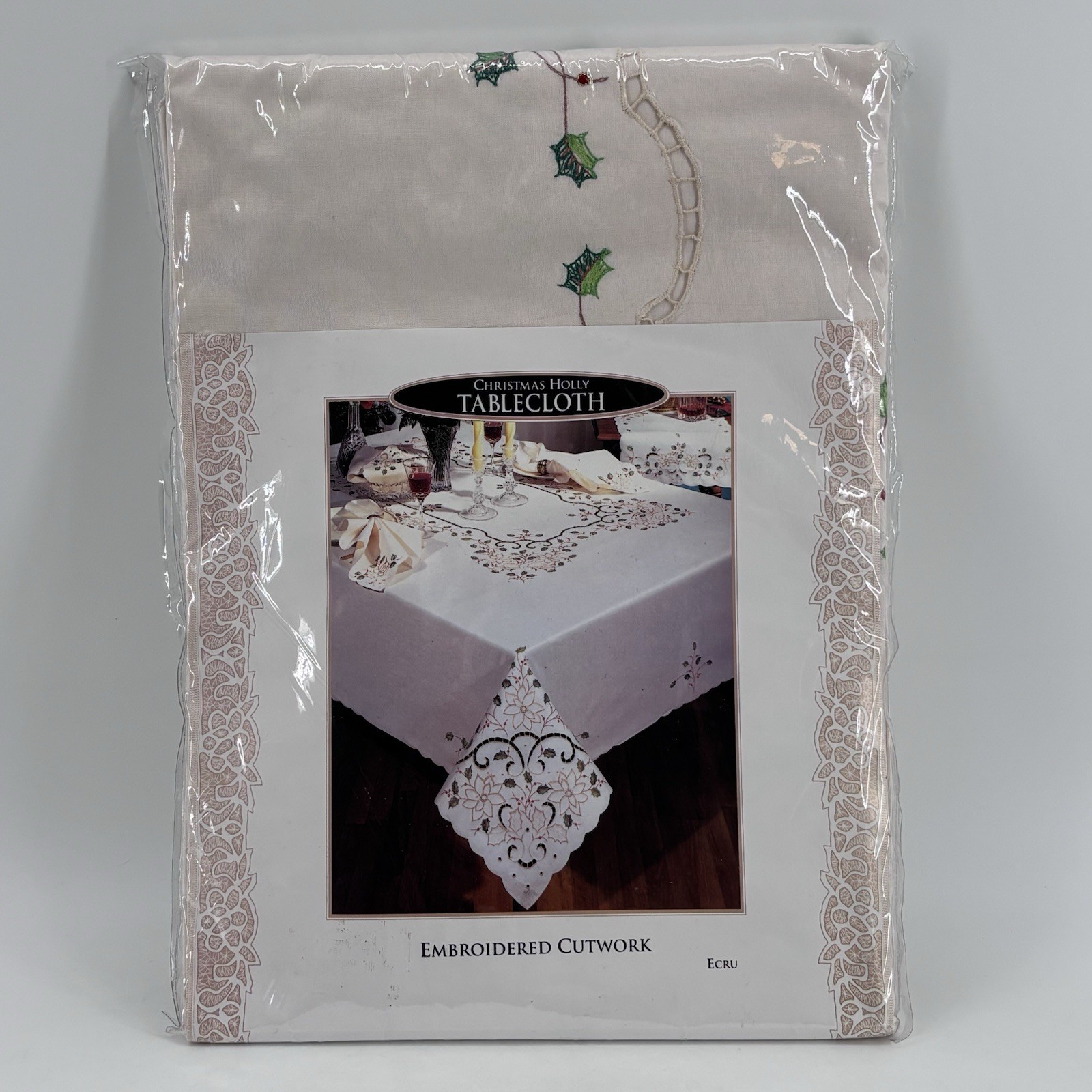 C&F Christmas Holly Holiday Tablecloth NIP 66” Round Vintage Embroidered C&F Christmas Holly Holiday Tablecloth NIP 66” Round Vintage Embroidered