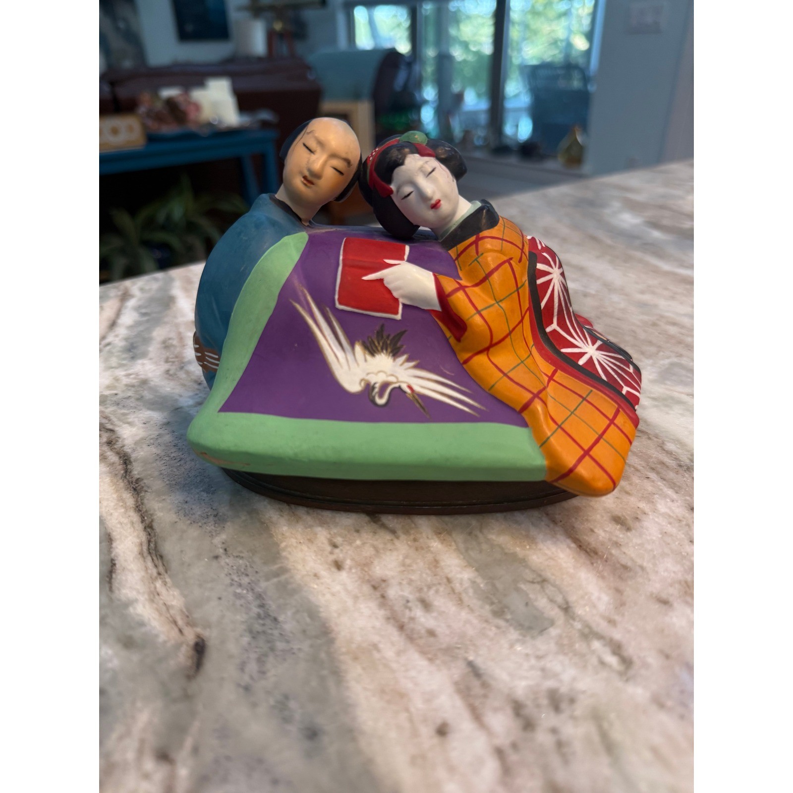 Vintage Japanese Hakata Shunga Clay Figurine Couple Crane Kimono Folk Art