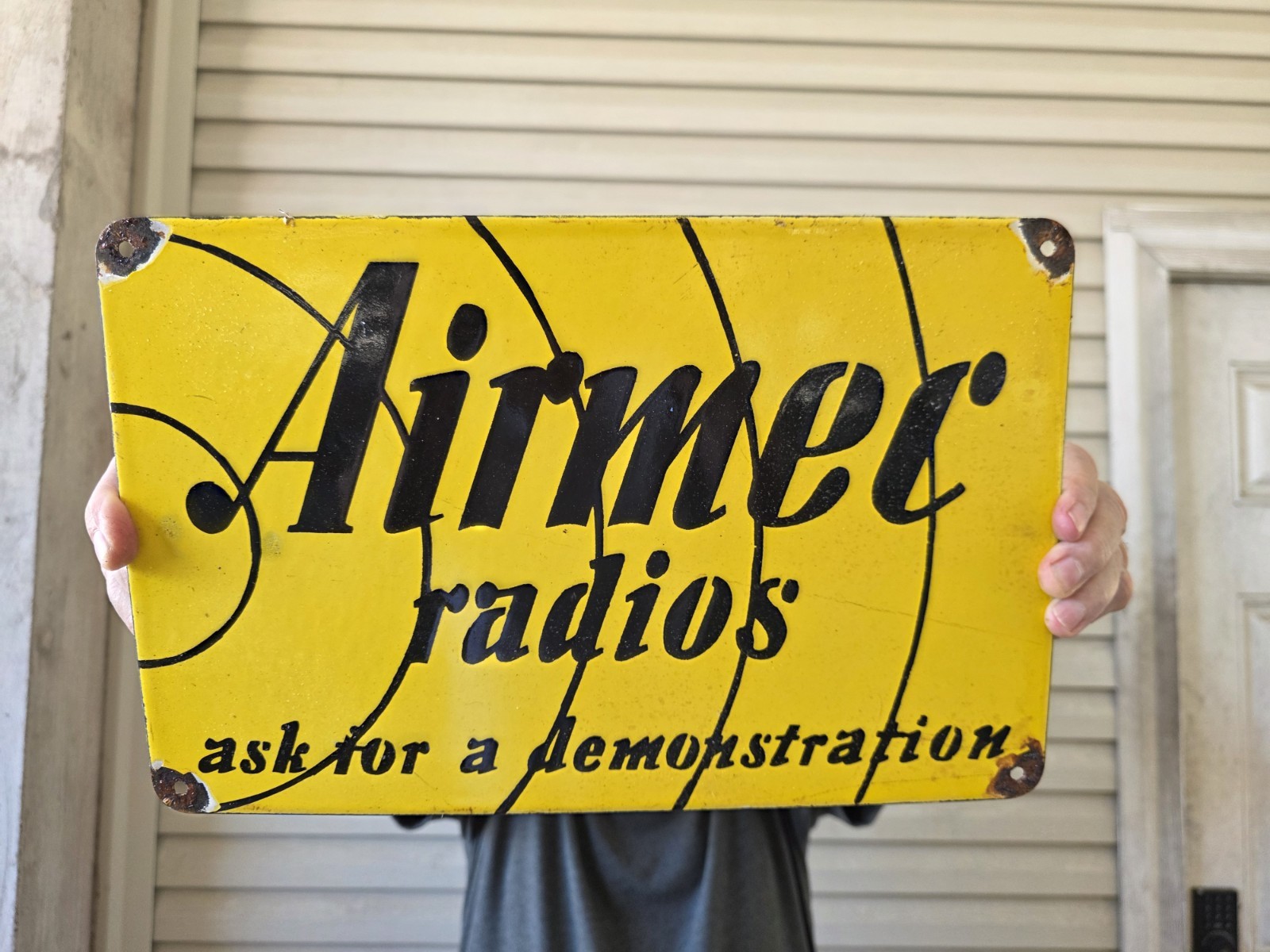 VINTAGE AIRMEC RADIOS 'ASK FOR A DEMONSTRATION' PORCELAIN SIGN 14 VINTAGE AIRMEC RADIOS 'ASK FOR A DEMONSTRATION' PORCELAIN SIGN 14