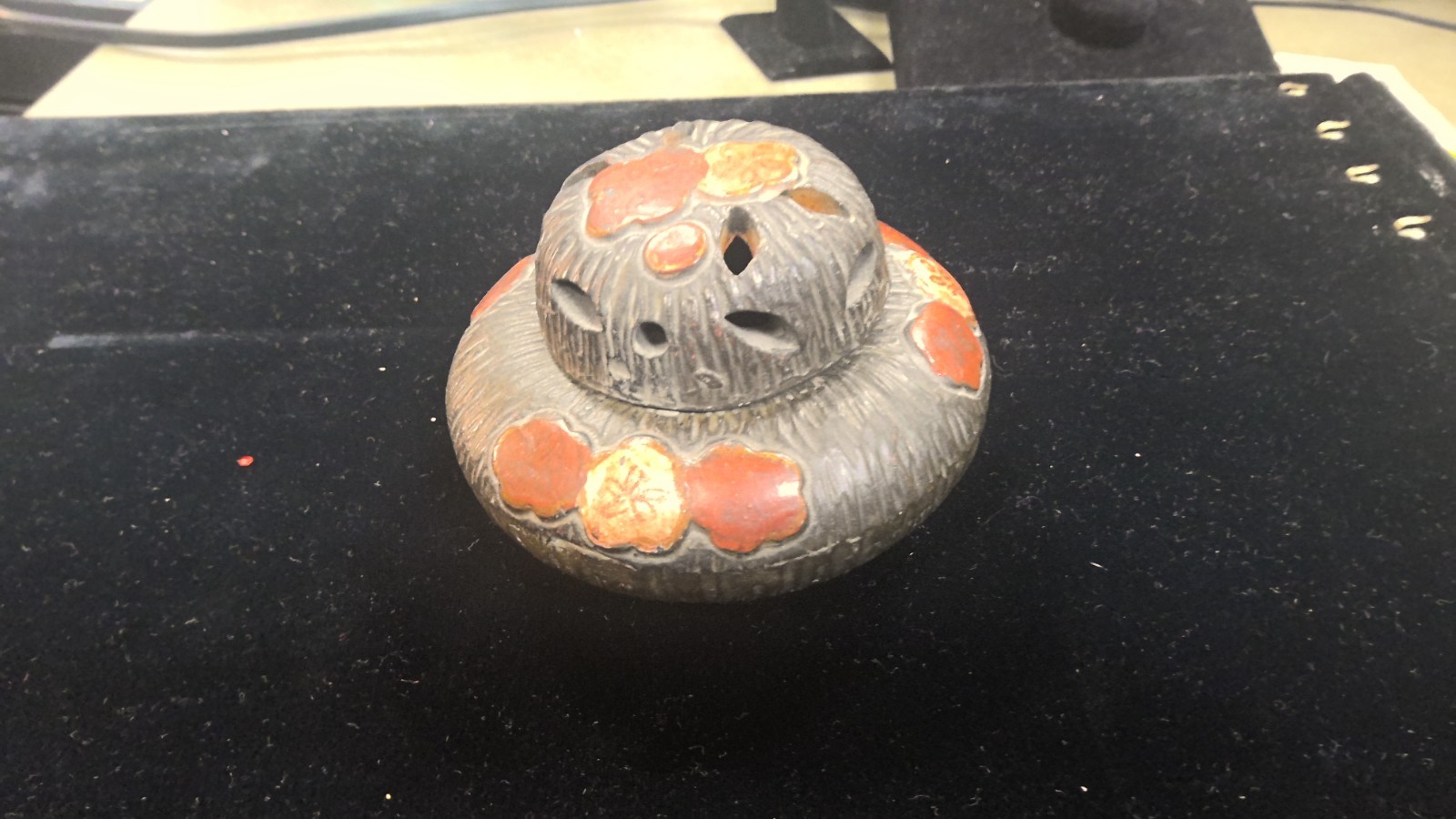 Vintage Japanese Cast Iron Incense Burner Koro Hand Painted Plum Blossom Signed Vintage Japanese Cast Iron Incense Burner Koro Hand Painted Plum Blossom Signed