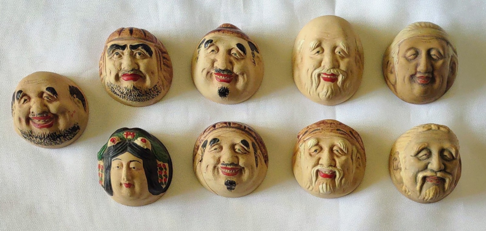 Antique 1900 Meiji Period Japanese Seven Lucky Gods Lot Of 9 Sake Ochoko Antique 1900 Meiji Period Japanese Seven Lucky Gods Lot Of 9 Sake Ochoko
