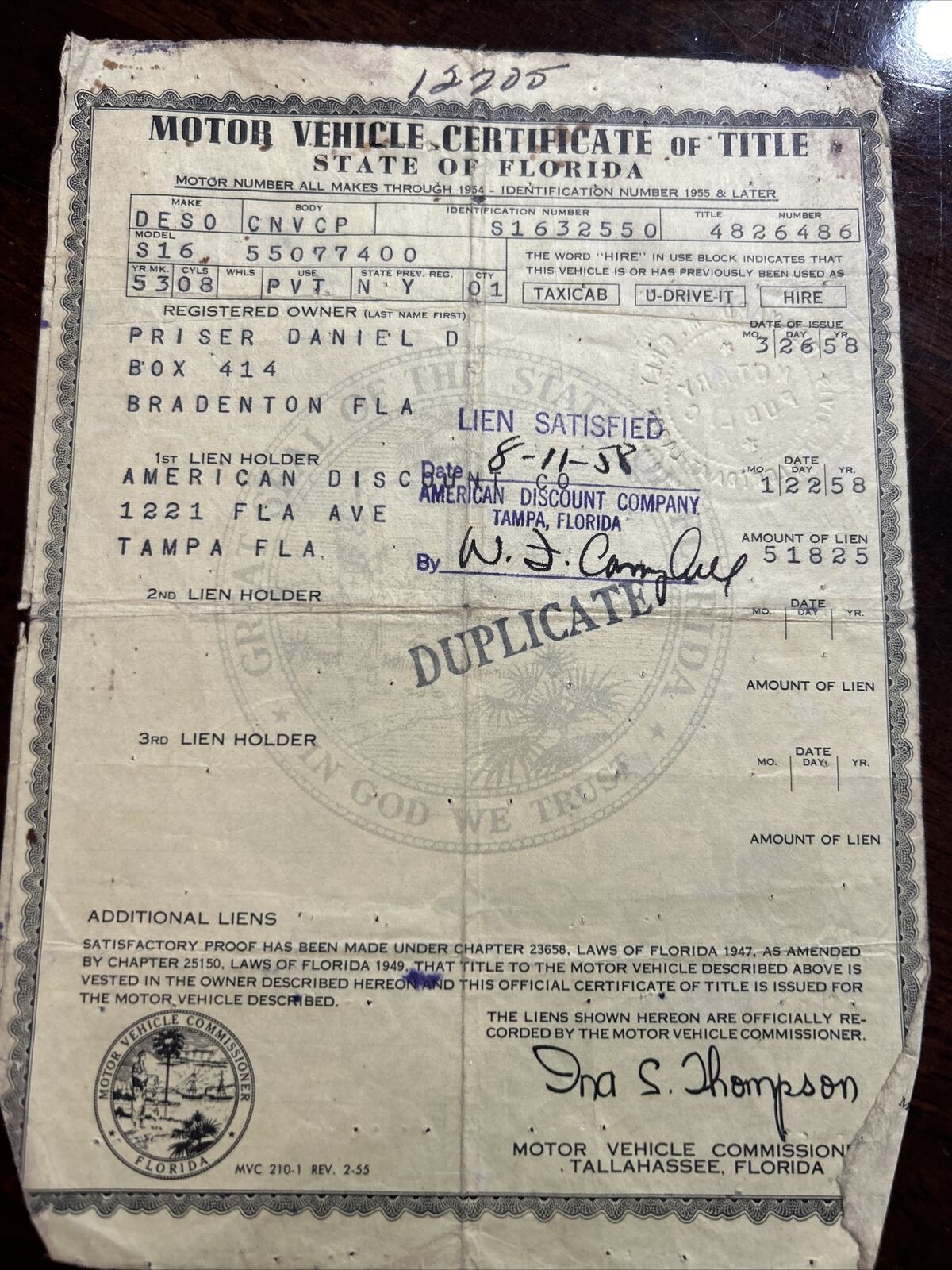 Vtg 1953 Desoto Convertible Coupe Florida Car Title Historical Document 