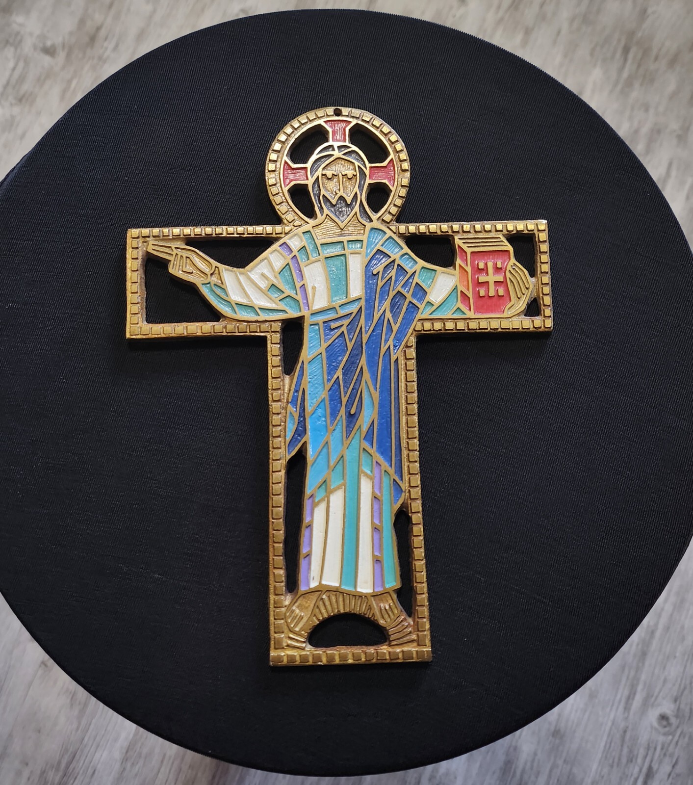 RARE Older Contemporary Altar Cross, Corpus, Crucifix BRONZE Handpainted ISRAEL RARE Older Contemporary Altar Cross, Corpus, Crucifix BRONZE Handpainted ISRAEL