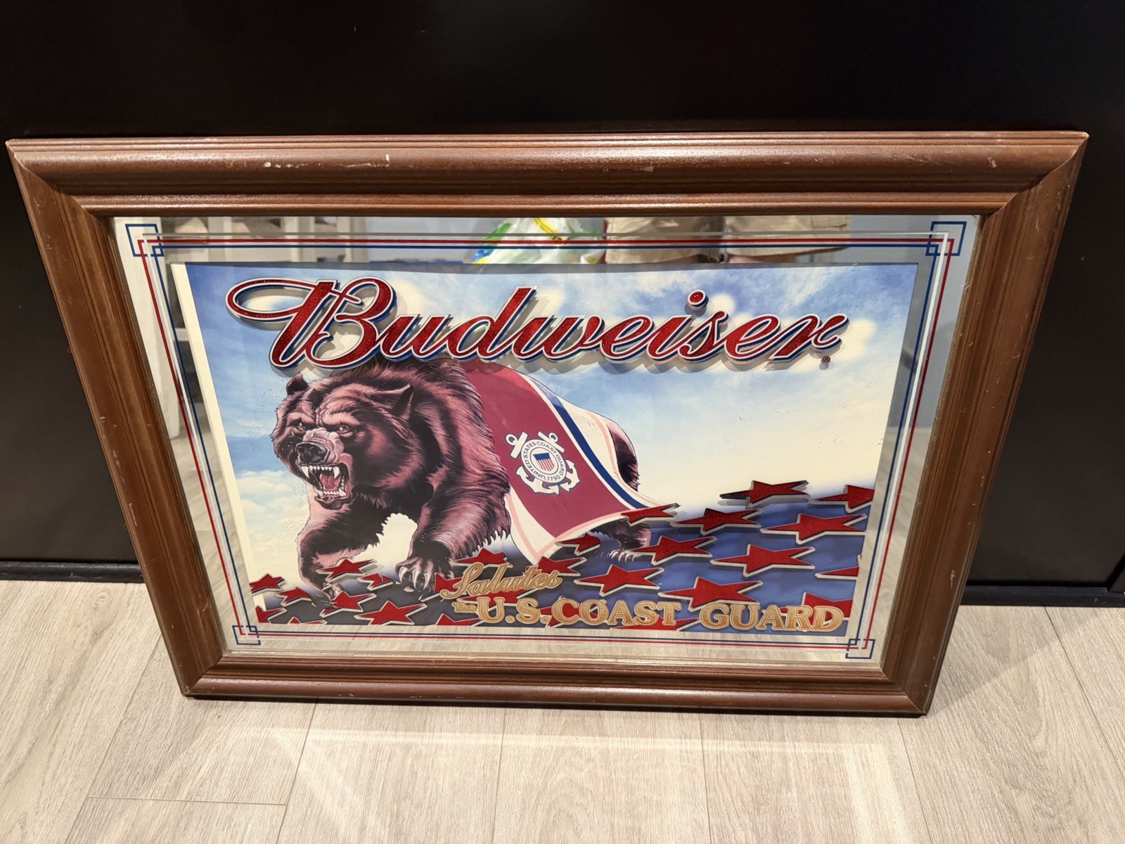 Vintage Budweiser Salutes U.S. Coast Guard Bear Mirror Wooden Frame Vintage Budweiser Salutes U.S. Coast Guard Bear Mirror Wooden Frame