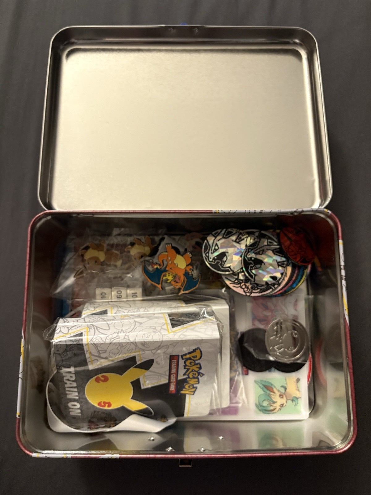 Pokemon 25th Anniversary Lunchbox w/ Pins Stickers Coins Patch Lanyard Binders +