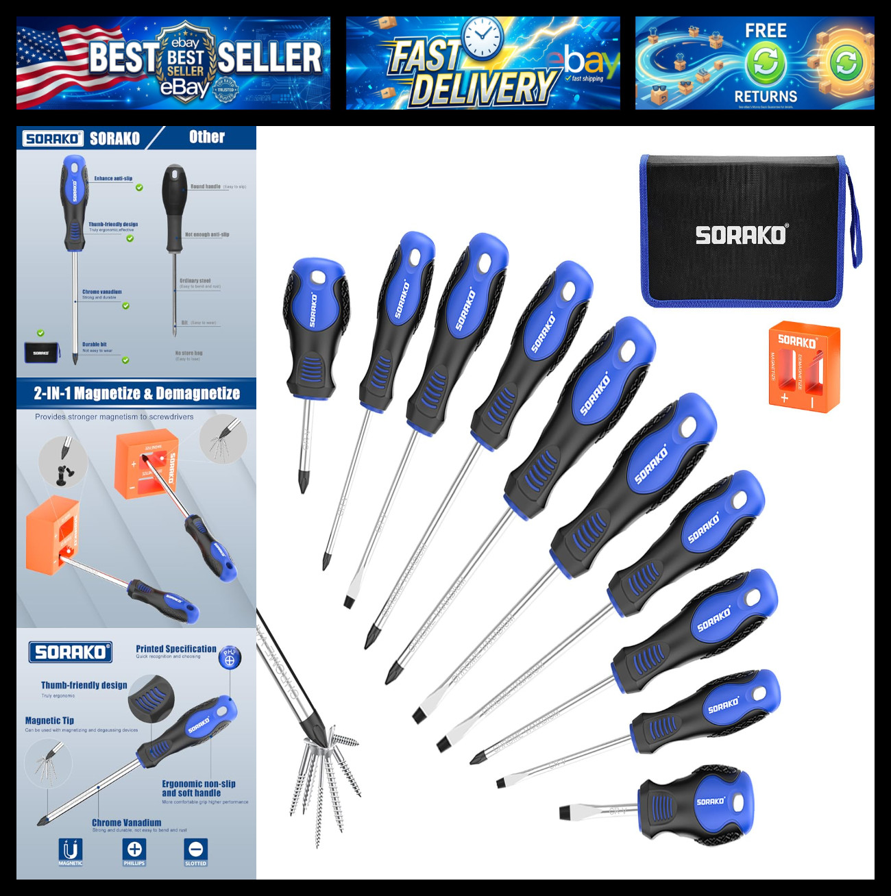 SORAKO 12 Piece Magnetic Screwdriver Set 5 Phillips and 5 Flat 1 Magnetising Too