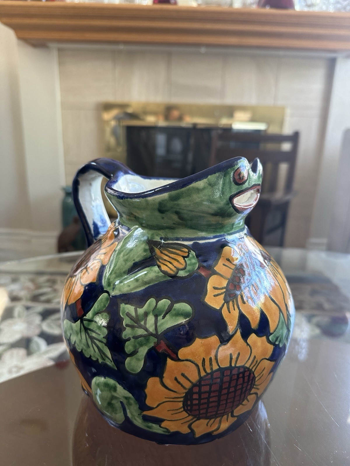 VTG Talavera Rea Mexico Signed Hand Painted Frog Sunflower Pitcher Heavy Pottery VTG Talavera Rea Mexico Signed Hand Painted Frog Sunflower Pitcher Heavy Pottery