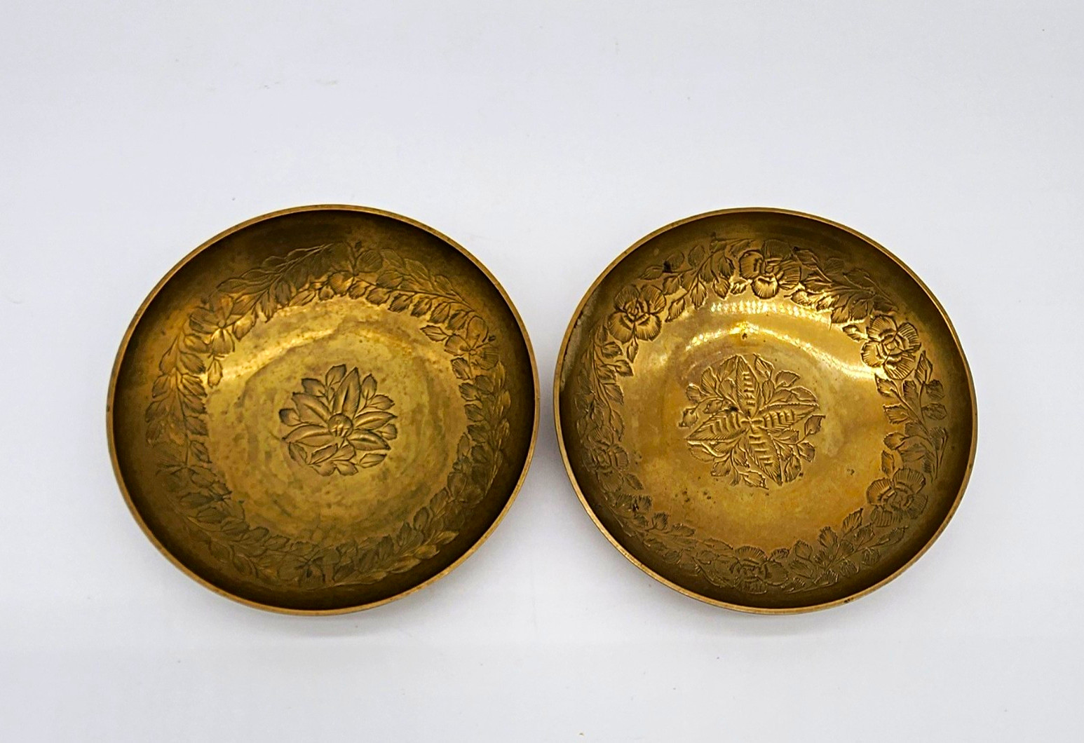 Pair Etched Engraved Brass Bowls Floral Design Collectible Metalware