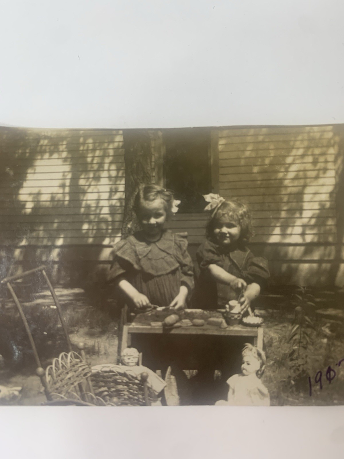Vintage 1907 B&W Photo Little Girls tea Party Snapshot Dolls Americana cute bow Vintage 1907 B&W Photo Little Girls tea Party Snapshot Dolls Americana cute bow