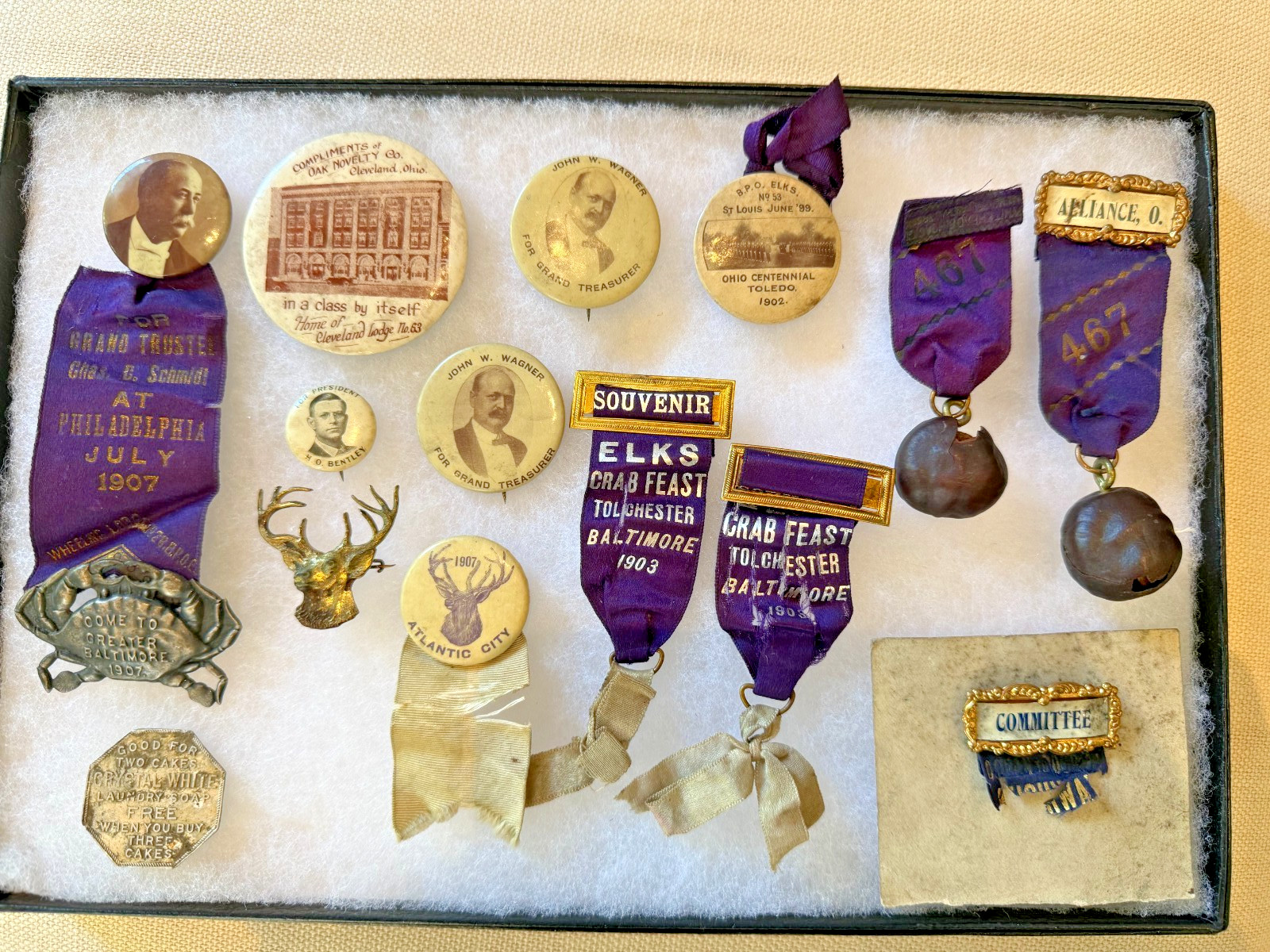 Antique B.P.O. Elks Ribbons & Celluloid Pinback Buttons c1900 Baltimore Crab