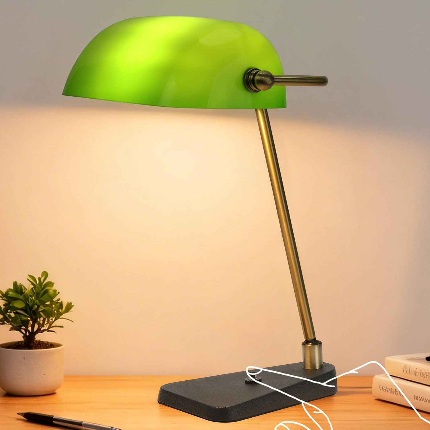 Green Bankers Desk Lamp, Antique Brass Frame & Black Base | 2.9Lb Heavy Duty Cas