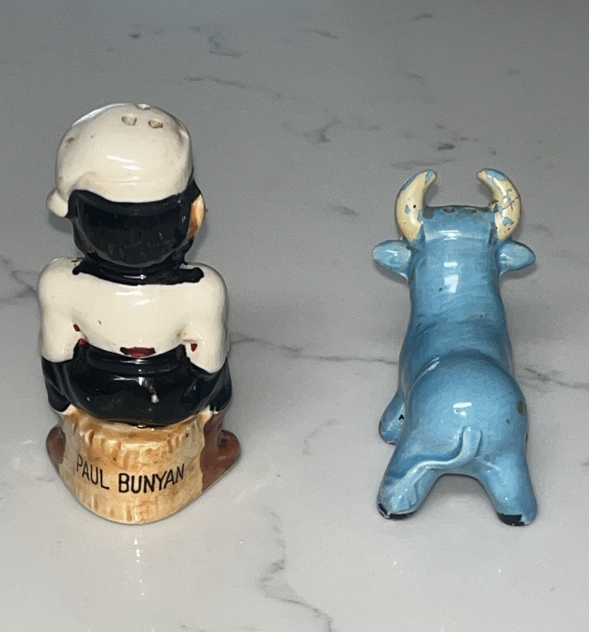 Vintage Paul Bunyan & Babe Blue Ox Ceramic Salt Pepper Shakers Folk Art Set