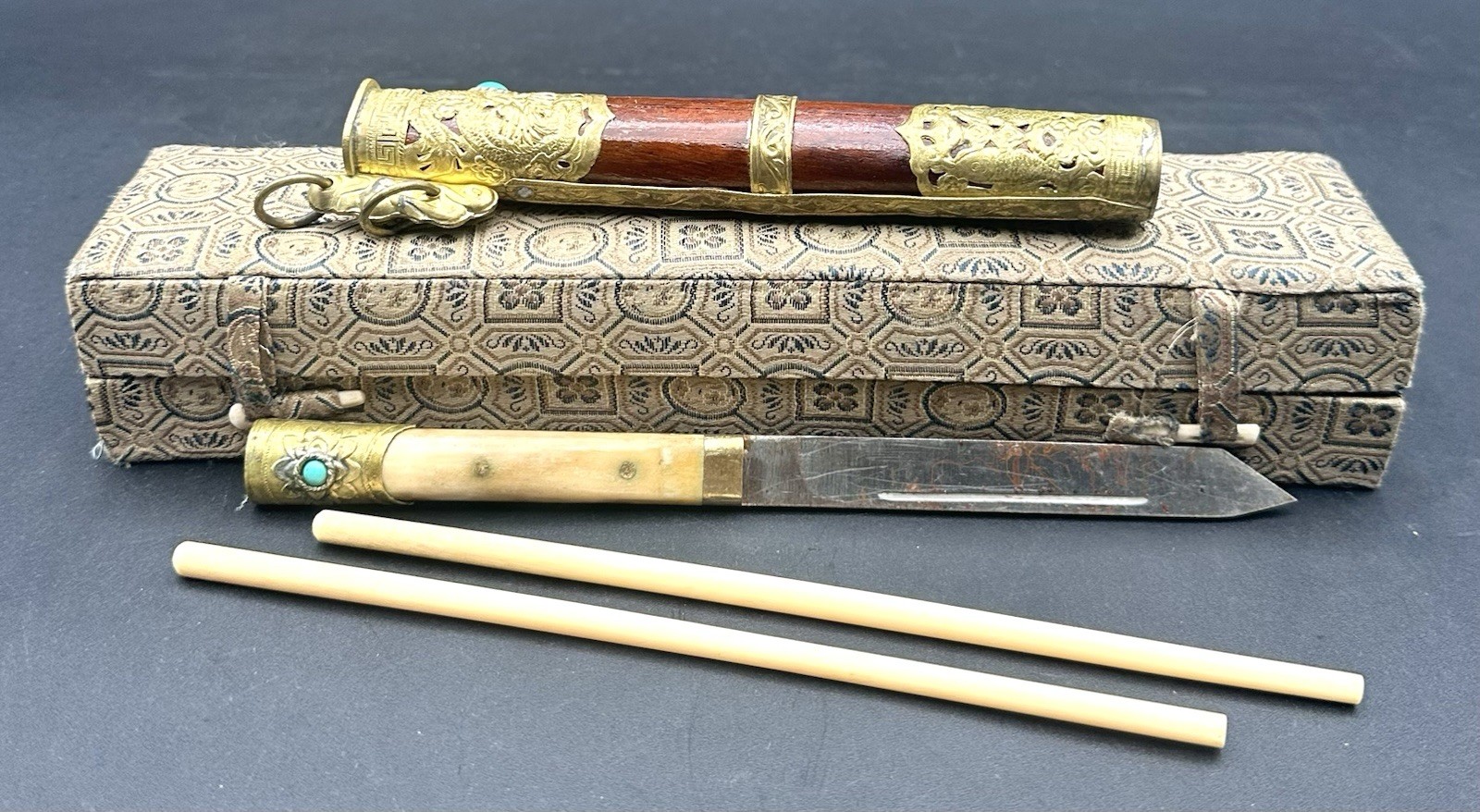 Vintage Chinese Dragon Traveling Eating Trousse Chopstick Knife Set Wood Brass
