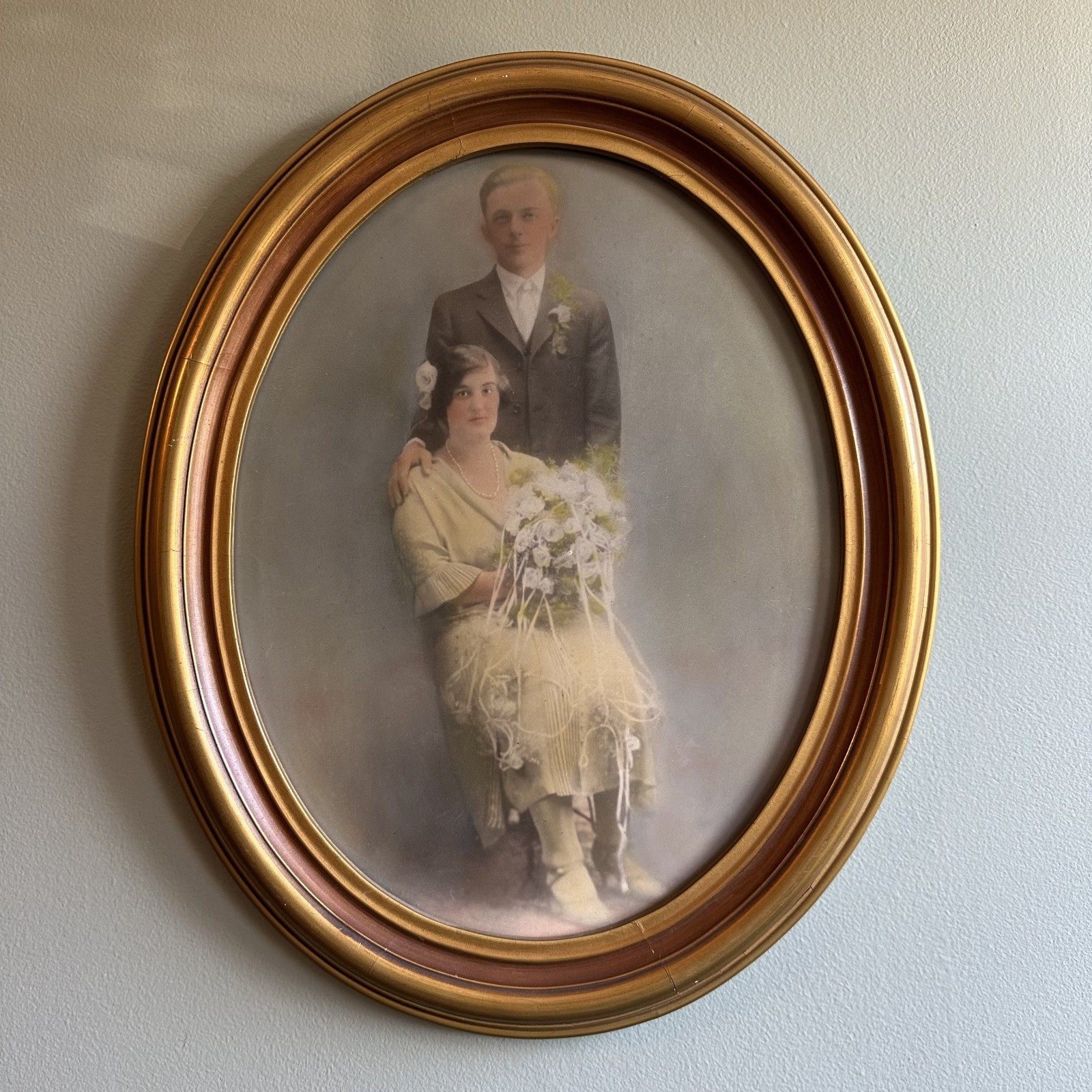 Antique 1920s Wedding Portrait Photo Dolores & Albert Henault RI Oval Wood Frame