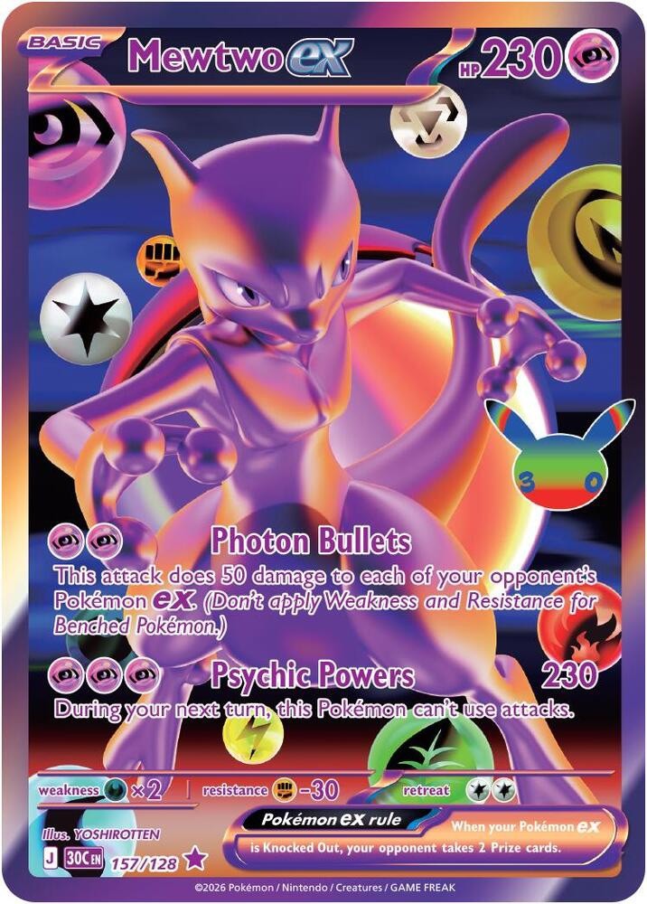 Pokémon 30th anniversary Mewtwo ex 157/128 SIR Rare Holo English - Pack fresh Pokémon 30th anniversary Mewtwo ex 157/128 SIR Rare Holo English - Pack fresh