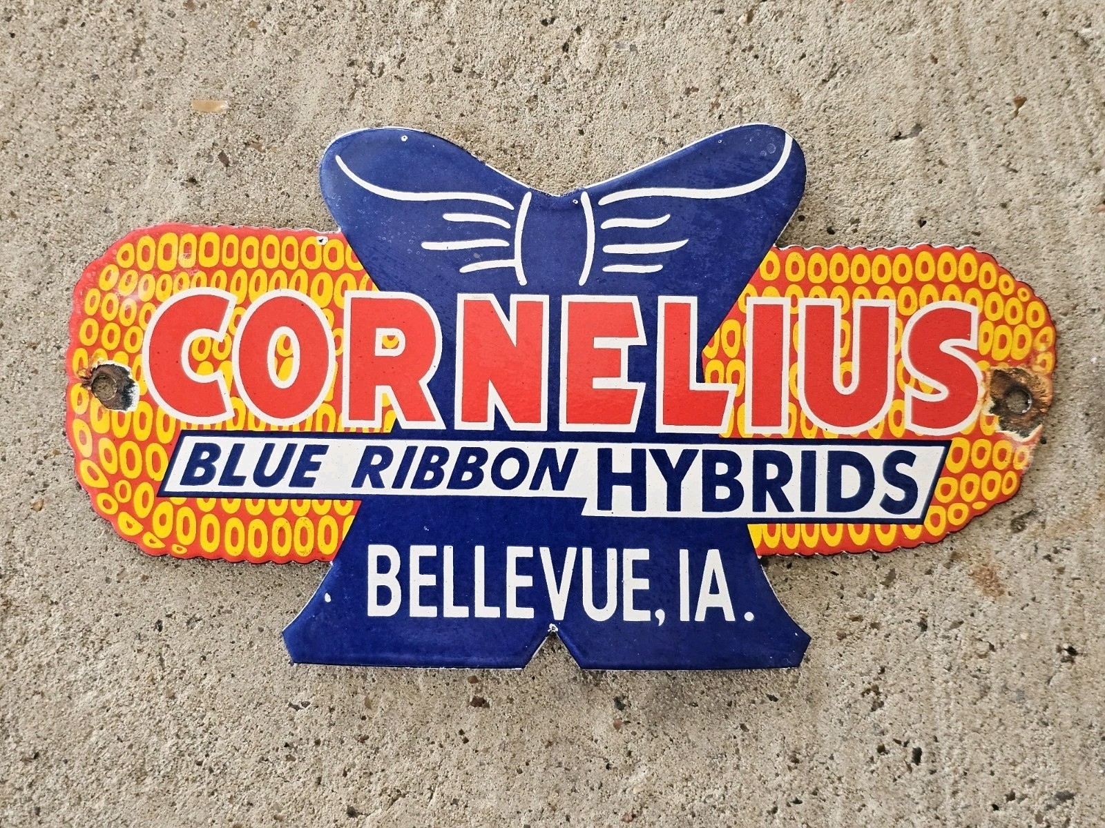 VINTAGE 1950'S CORNELIUS BLUE RIBBON HYBRID PORCELAIN SIGN , BELLEVUE, IA. VINTAGE 1950'S CORNELIUS BLUE RIBBON HYBRID PORCELAIN SIGN , BELLEVUE, IA.