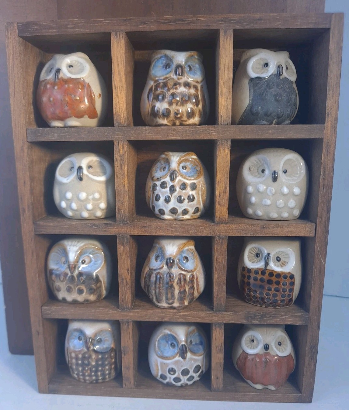 VTG Emson 12 Miniature Mexican Pottery Ceramic Owls Set In Wood Hanging Display VTG Emson 12 Miniature Mexican Pottery Ceramic Owls Set In Wood Hanging Display