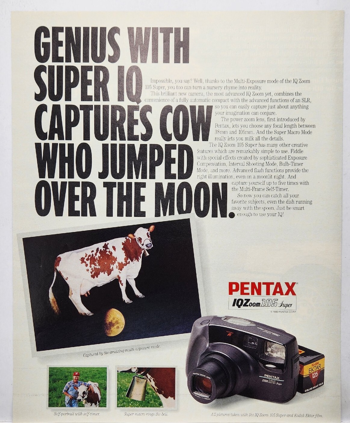 1990 Pentax IQ Zoom 105 Super Camera Cow Jumped Over The Moon Original Print Ad