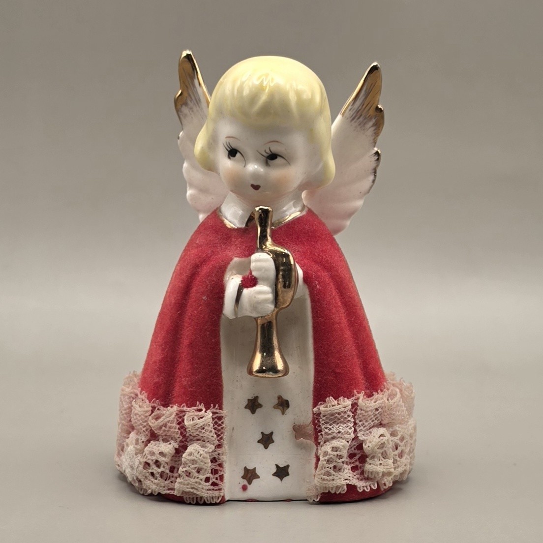 Vintage Christmas Angel Figurine Playing Trumpet Red Flocked Cloak Lace Japan Vintage Christmas Angel Figurine Playing Trumpet Red Flocked Cloak Lace Japan
