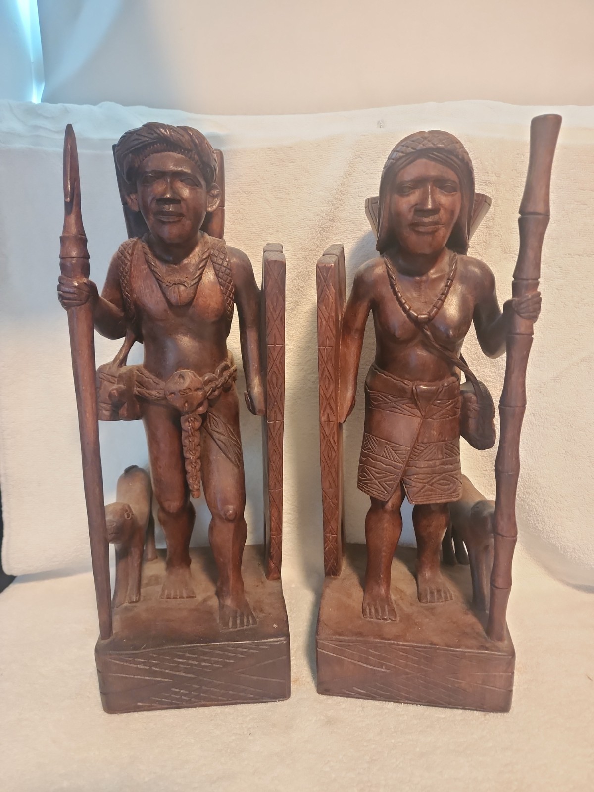 Vintage Man Woman with Dog Bookend Statues Igorot Philippines 16 \'\' Tall Vintage Man Woman with Dog Bookend Statues Igorot Philippines 16 \'\' Tall