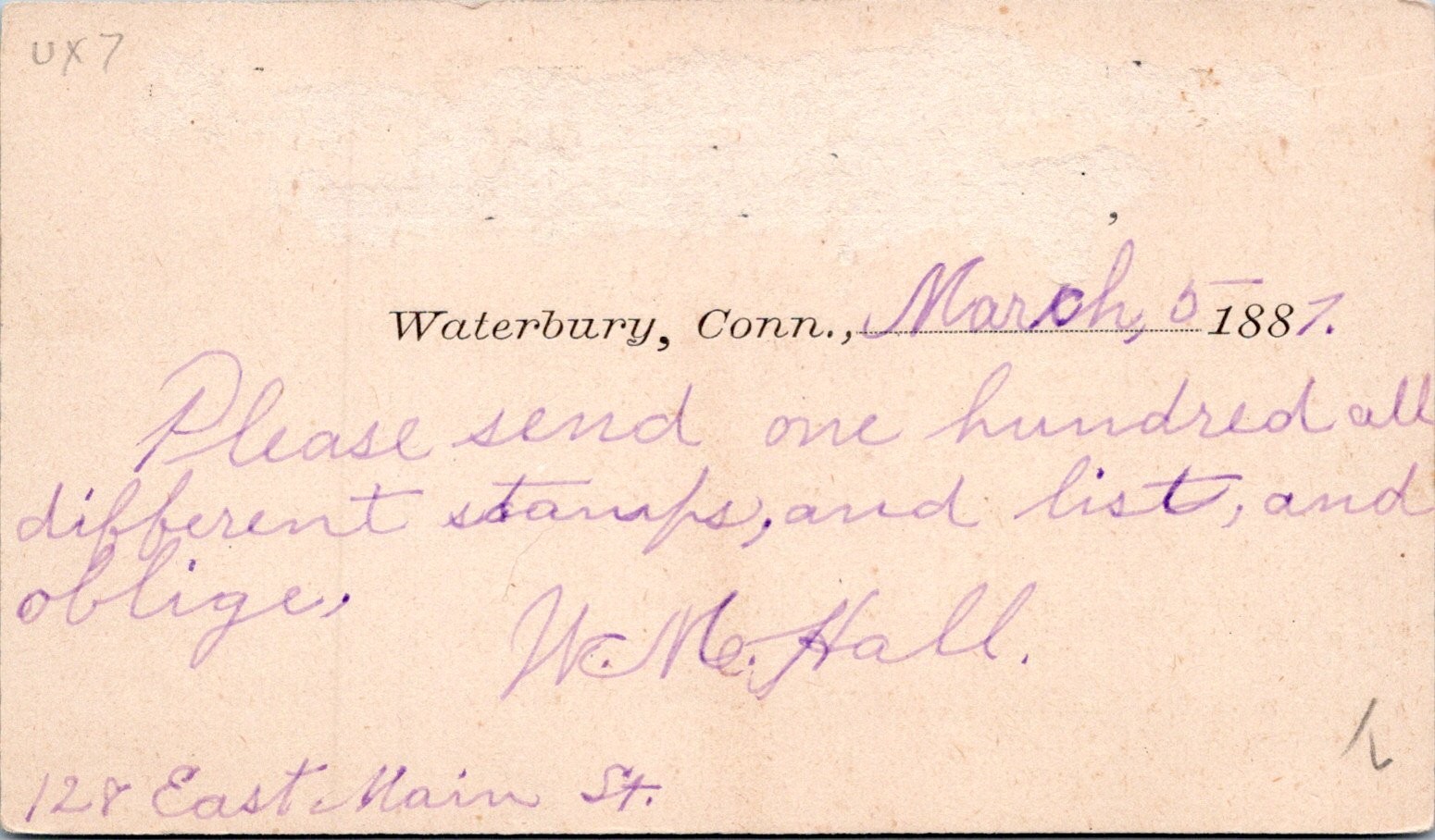 1887 Waterbury CT to Concord MASS Postal Card Philatelic Stamp Collector Order