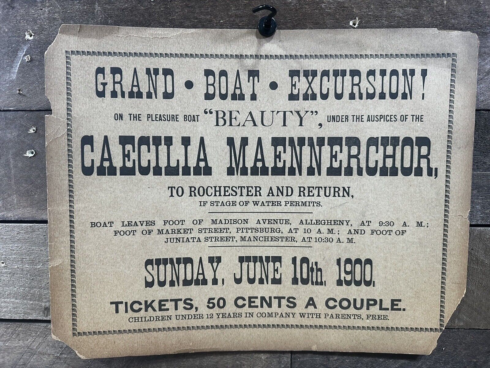Vintage “Grand Boat Excursion” Advertisment Allegheny, PA