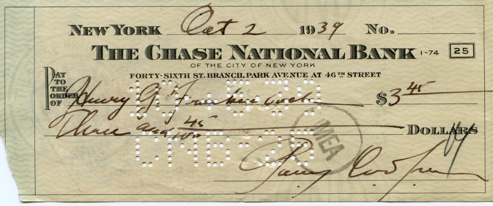 GARY COOPER - PERSONAL BANK CHECK SIGNED 10/2/1939 AUTOGRAPH Handwritten GARY COOPER - PERSONAL BANK CHECK SIGNED 10/2/1939 AUTOGRAPH Handwritten