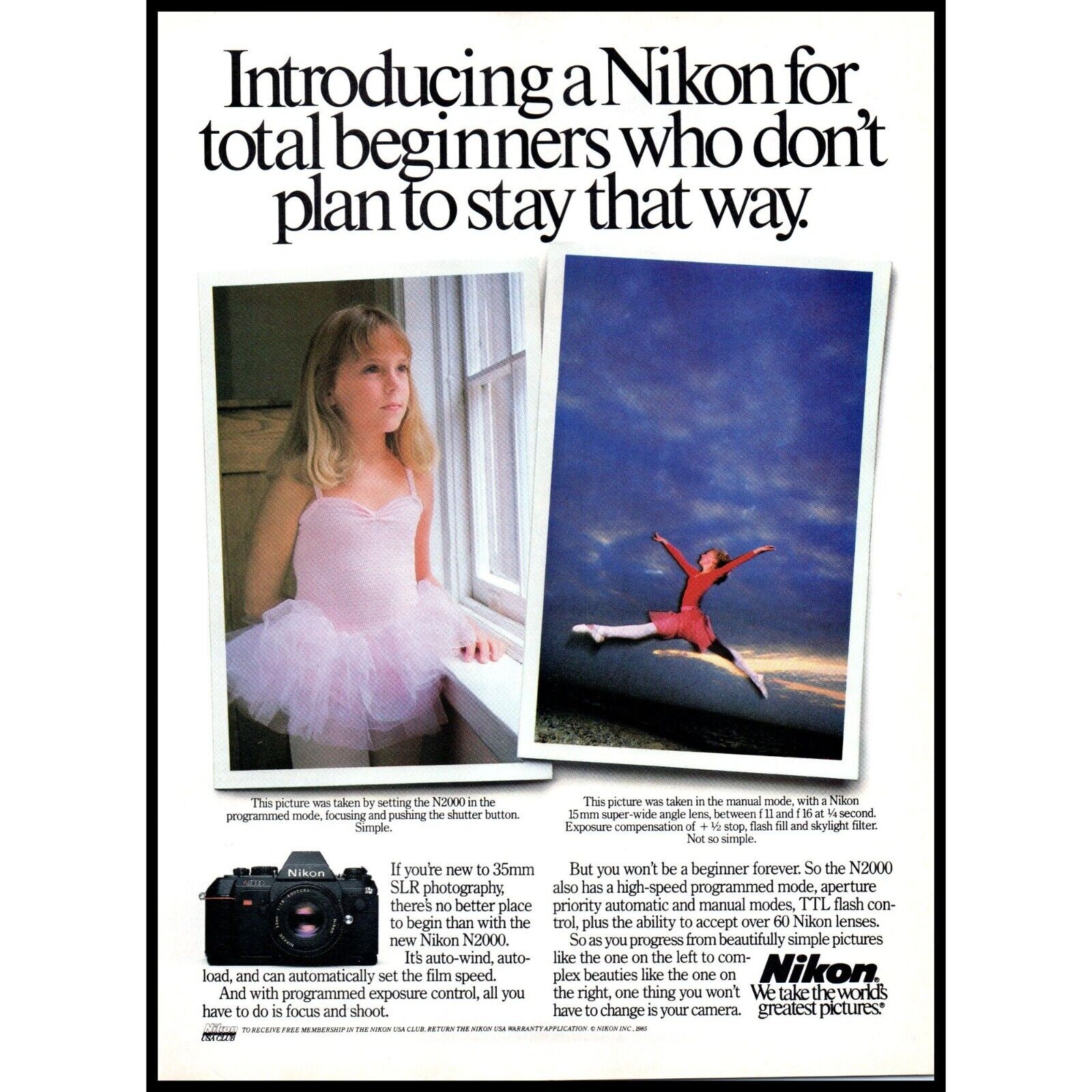 1985 Nikon N2000 SLR Camera Vintage Print Ad Film Photography Ballerina Wall Art