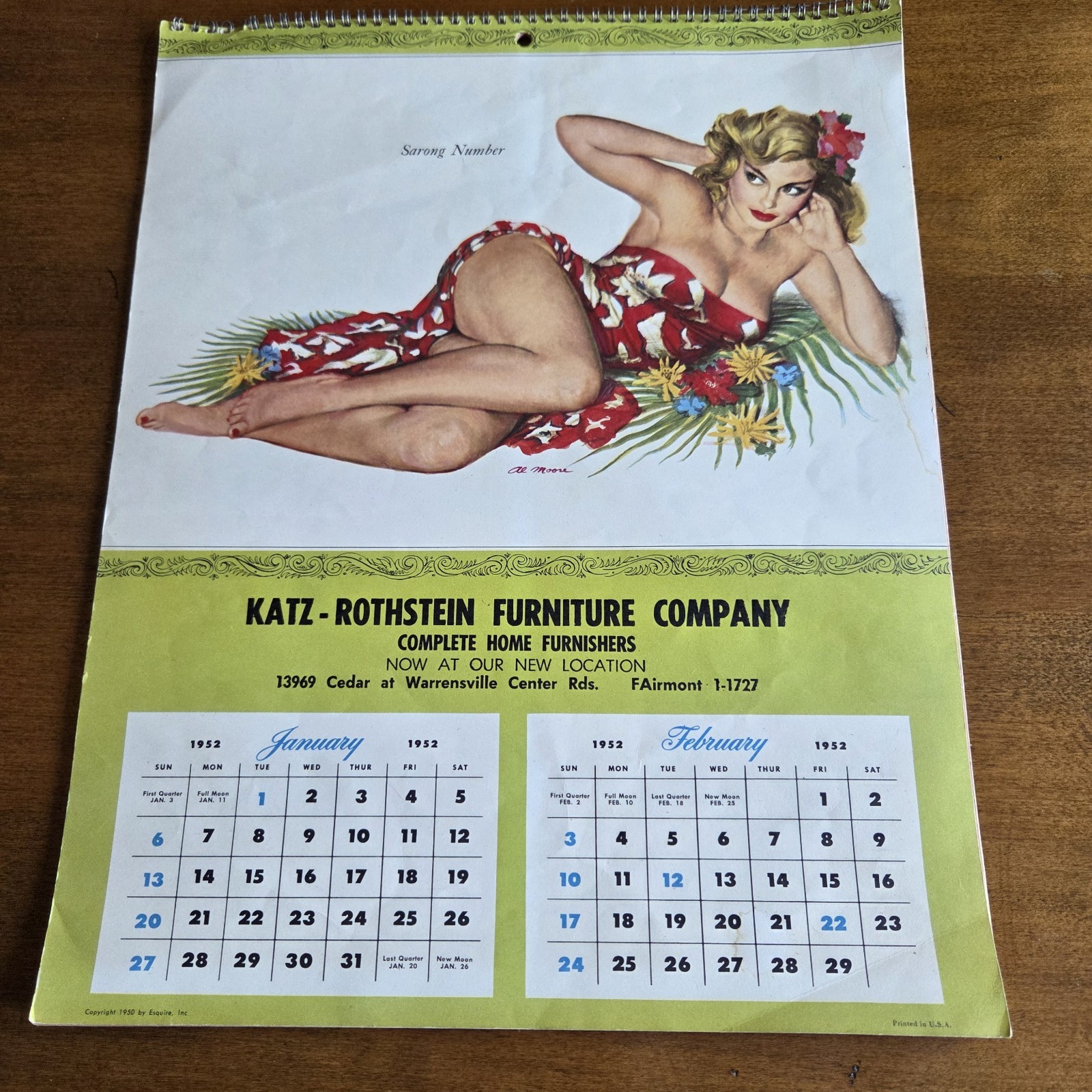 1952 Esquire Large Pinup Girl Calendar Katz-Rothstein Furniture Spiral 16 1952 Esquire Large Pinup Girl Calendar Katz-Rothstein Furniture Spiral 16
