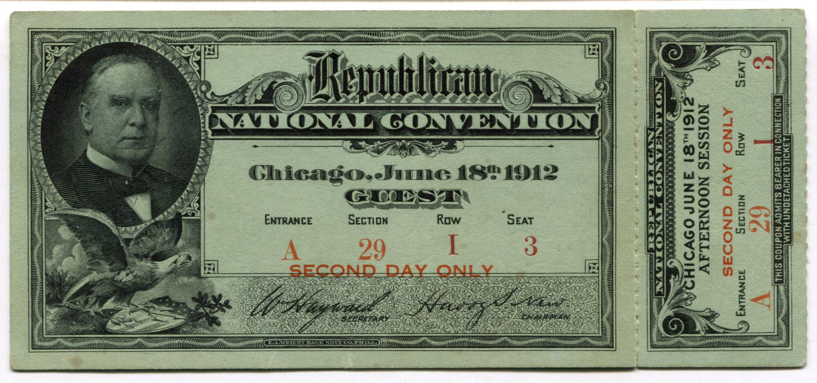 1912 Republican National Convention Ticket Second Day Guest William H Taft