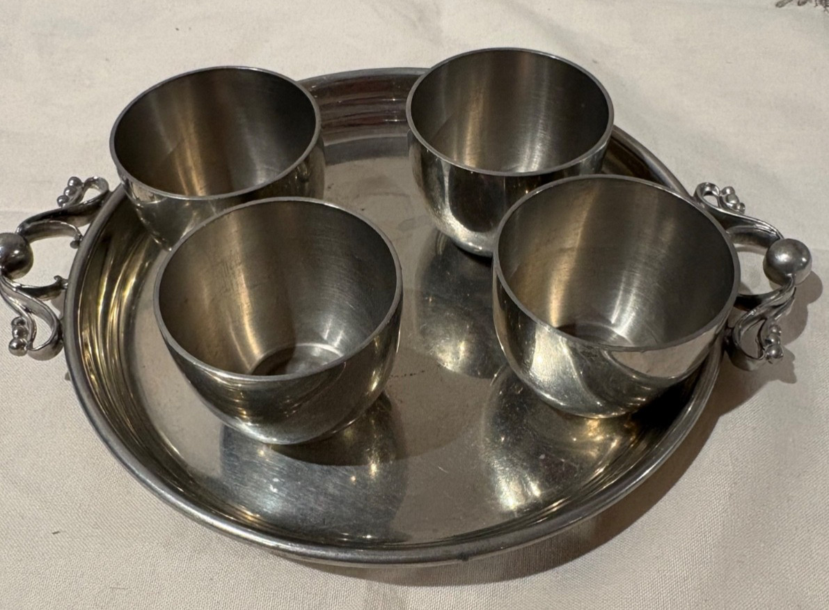 Vintage Shirley Williamsburg Virginia Handmade Pewter Tray & 4 Cordial Cups Set Vintage Shirley Williamsburg Virginia Handmade Pewter Tray & 4 Cordial Cups Set