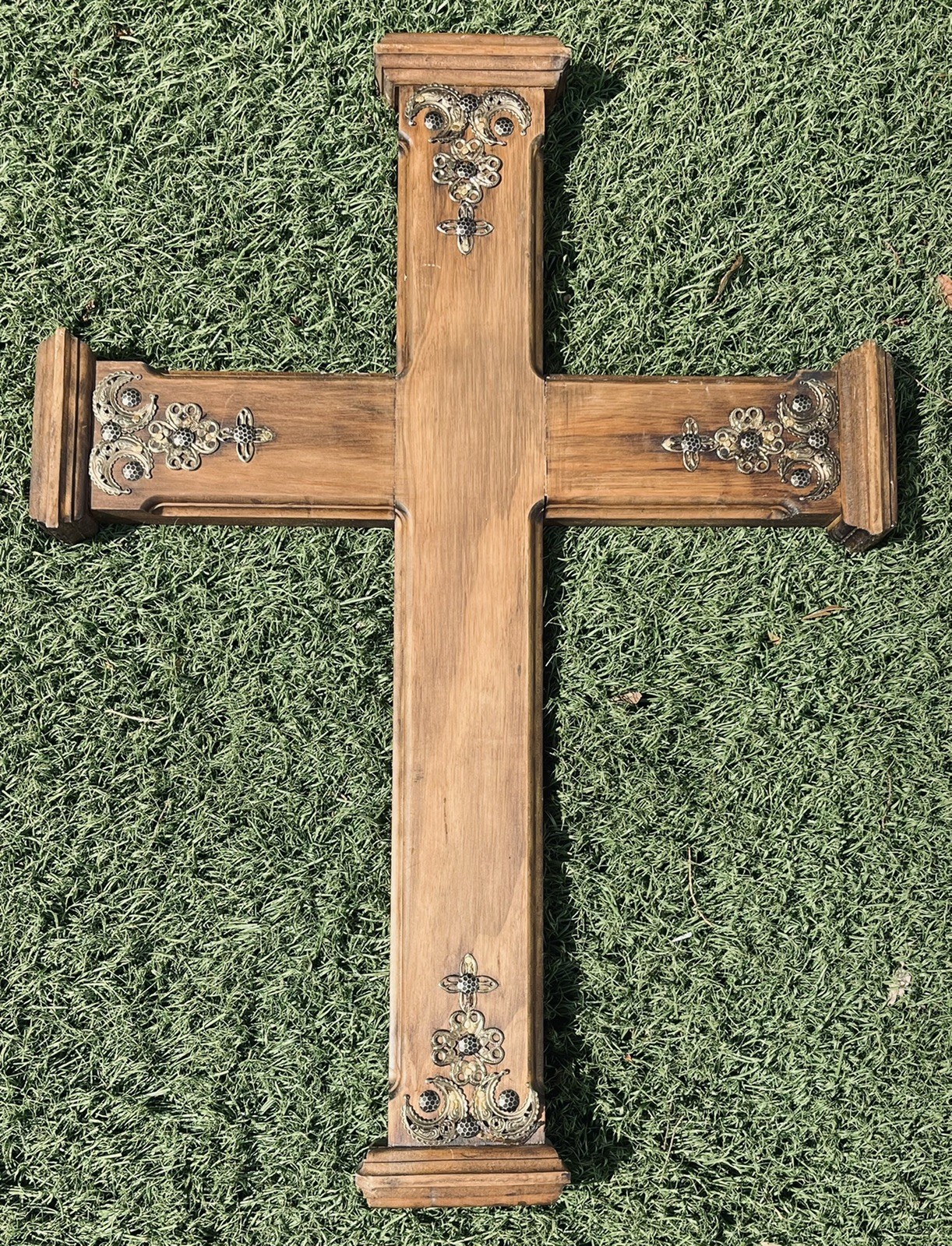 Large Wall Hanging Religious 28x20” Vintage Solid Wood & Brass Hand Made CROSS Large Wall Hanging Religious 28x20” Vintage Solid Wood & Brass Hand Made CROSS
