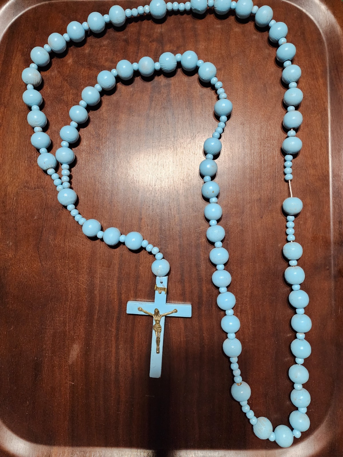 Vintage French Wood Bead Wall Rosary Crucifix 40 Inch Catholic Cross INRI Large Vintage French Wood Bead Wall Rosary Crucifix 40 Inch Catholic Cross INRI Large