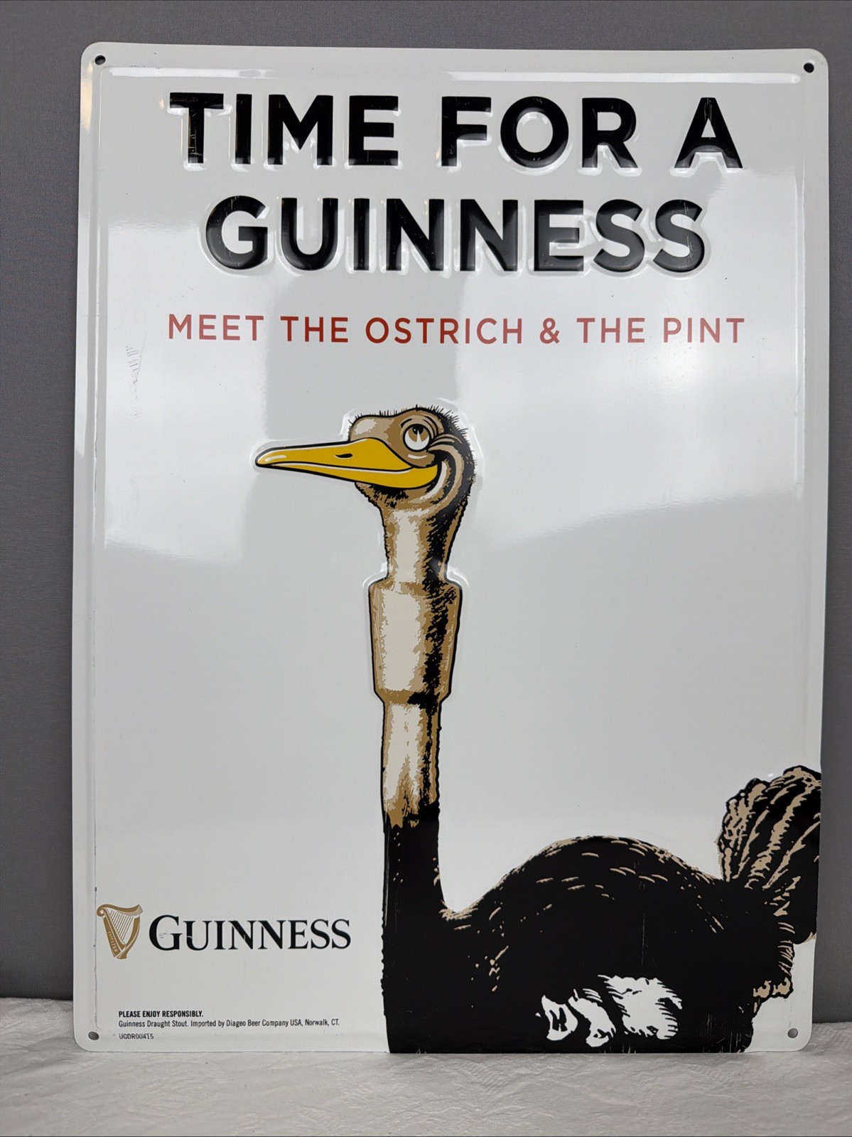 TIME FOR A GUINNESS BEER SIGN Metal Tacker RARE Ostrich & The Pint 14” X 19”