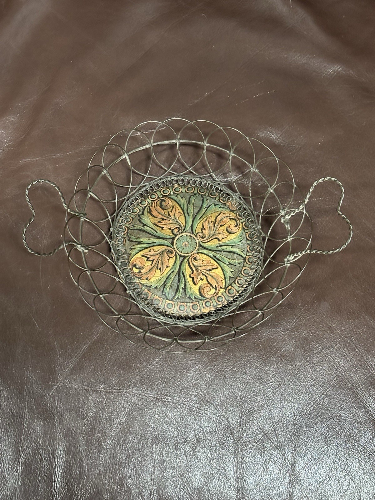 Antique Wire Ware Basket From The Late 19th Century With Cardboard Center Antique Wire Ware Basket From The Late 19th Century With Cardboard Center